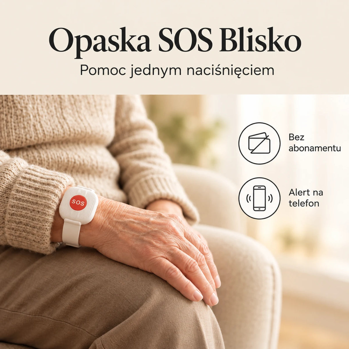 Opaska SOS Blisko na nadgarstku seniorki — pomoc jednym naciśnięciem